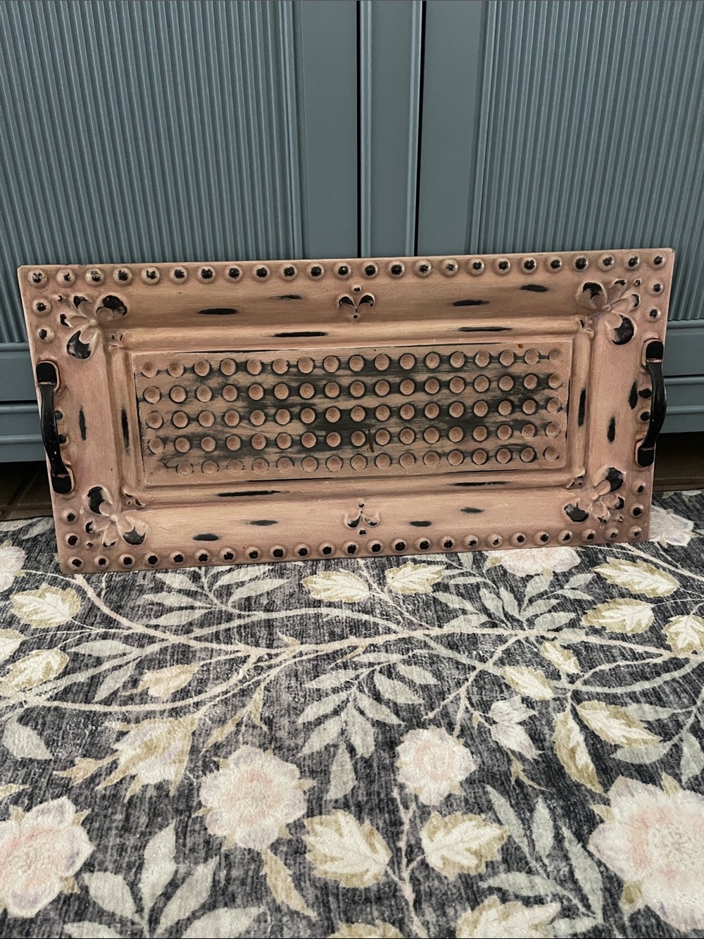 Large Decorative Rectangular Metal Tray in Distressed Rose Finish Southern